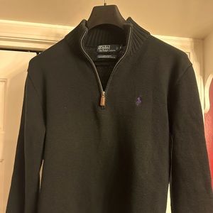 Polo Ralph Lauren black half zip medium sweater with purple polo emblem on front